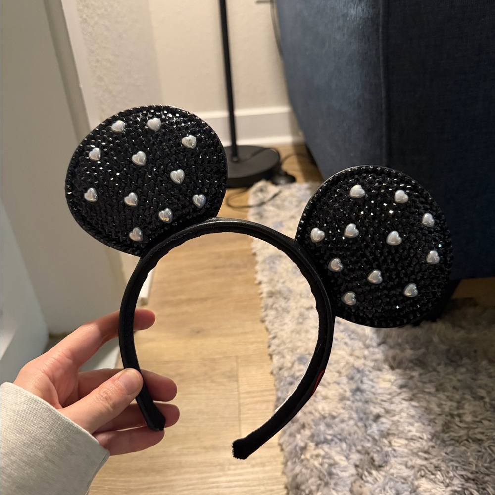 Black Beaded Disney Ear Headband with Heart Accents
